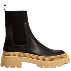 Mango Black Leather Ankle Boots Tan Sole Round Toe Womens 8.5 EU 39